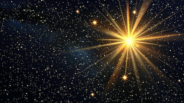 Foto schitterende heldere ster op donkerblauwe achtergrond met vallende gouden sterren