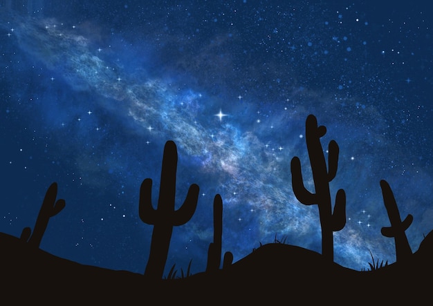Schitterende illustratie van de woestijn vol cactusbomen onder de blauwe sterrenhemel