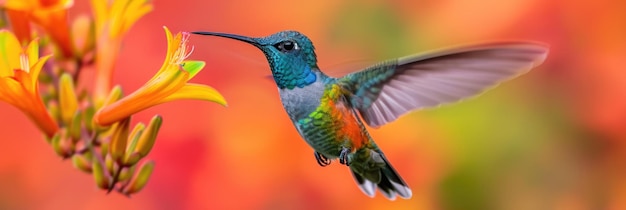 Schitterende keel kolibrie nadert oranje bloemen met herfst bokeh