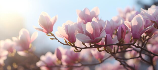 Foto schitterende magnolia bloesems op een zonnige lente dag ontwaken de betoverende schoonheid van de natuur