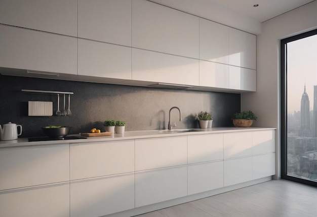 Foto schitterende moderne minimalistische keuken met panoramisch uitzicht op de stad en stijlvol ontwerp