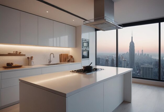 Schitterende moderne minimalistische keuken met panoramisch uitzicht op de stad en stijlvol ontwerp