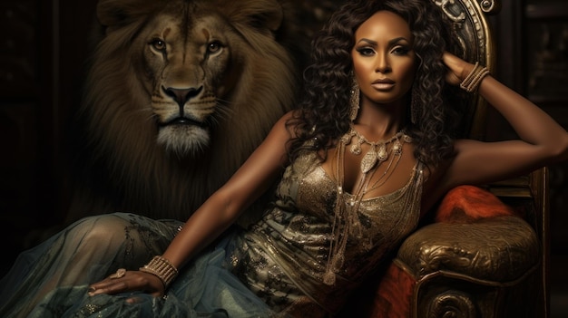 Schitterende mooie vrouw en een krachtige leeuw