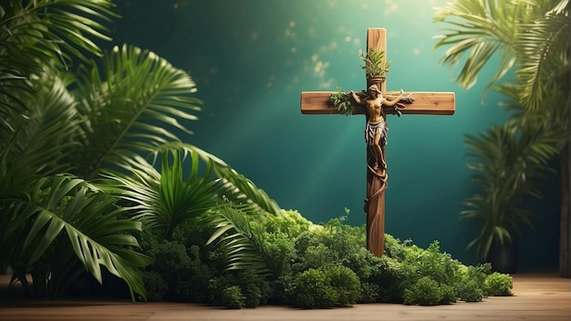 Schitterende palm zondag achtergrond met religieuze houten kruis en palmbladeren