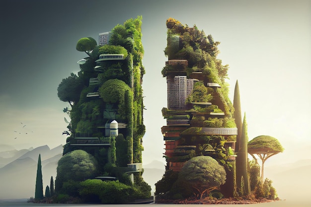 Schitterende stad bedekt met groene bomen en planten Digitale kunst Generatieve AI
