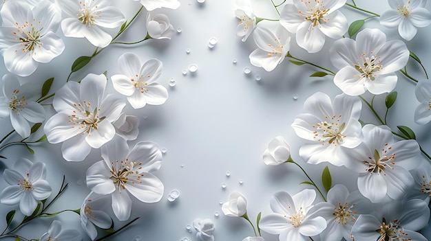 Foto schitterende witte bloemen met waterdruppels op een grijze achtergrond