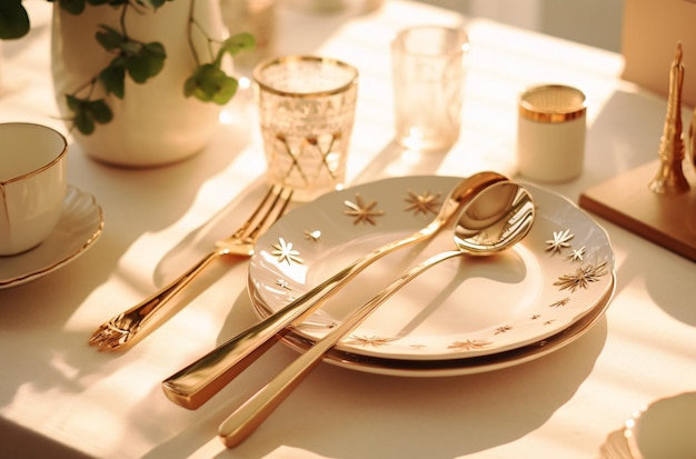 Schitterende witte tafel met elegant goud en zilver gereedschap gemakkelijk toegankelijk voorraad afbeelding aangedreven door Gener...