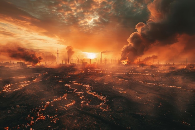 Foto schitterende zonsondergang over een vurig terrein die de ingrijpende gevolgen van de klimaatverandering toont
