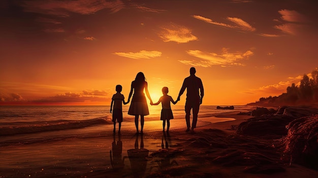 Schitterende zonsondergangscène aan zee met familiesilhouetten