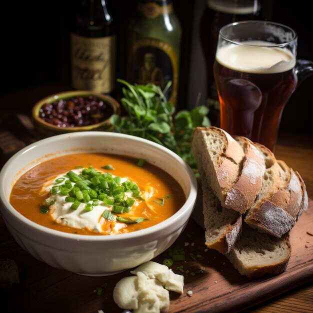 Photo schlieren photography capturing the vibrant colors of a soup with bread and beer