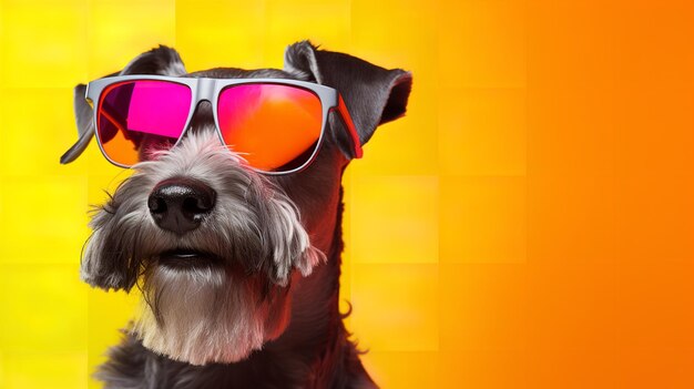 A schnauzer dog portrait with fashionable glasses on a yellow backdrop and some empty space generative ai