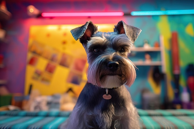 Schnauzer-hond wordt geknipt bij pet spa-verzorgingssalon gegenereerd ai