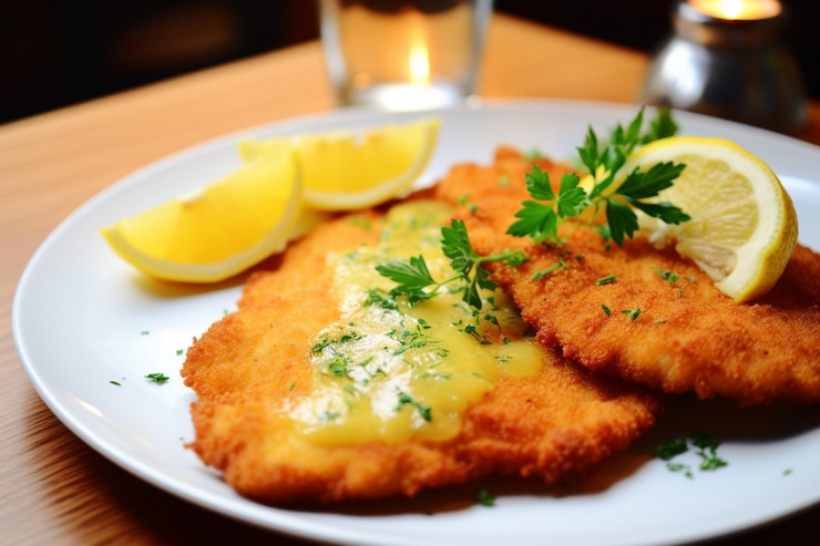 Photo schnitzel with a dash of curry powder yummy delicious schnitzel food photography