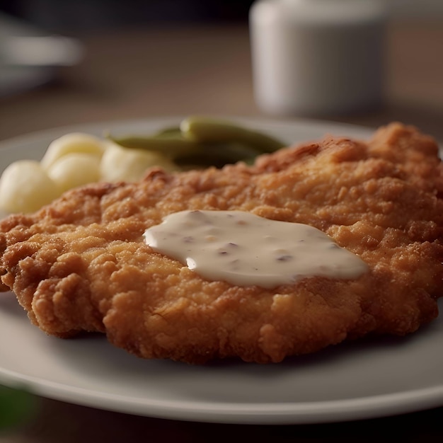 Schnitzel with dumplings and sauce on a plate