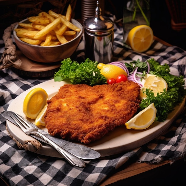 Schnitzel with French fries and a salad