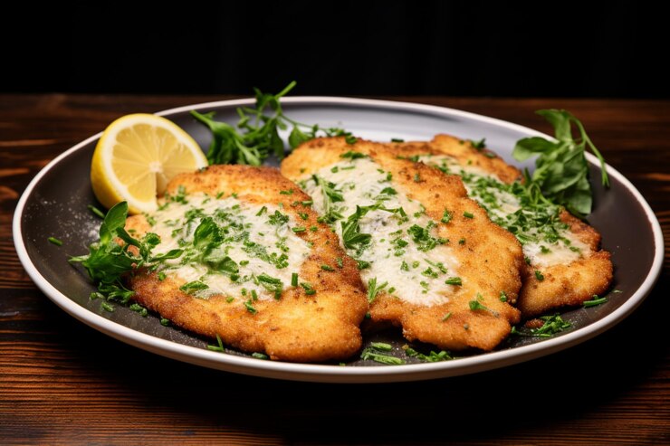 Photo schnitzel with garlic butter and herbs yummy delicious schnitzel food photography