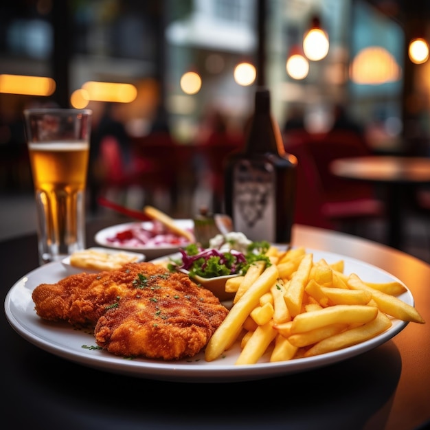 A schnitzel with a portion of french fries blurred restaurant in the background