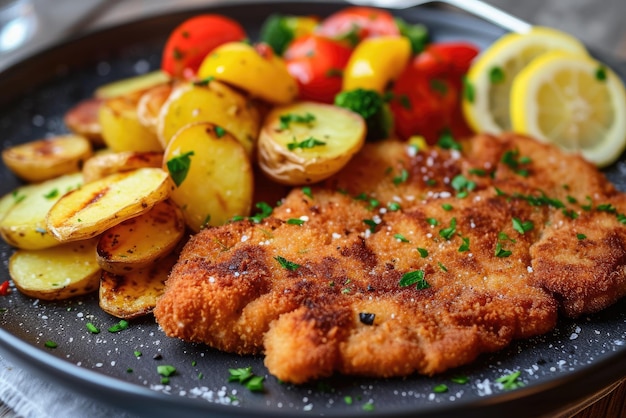 Foto schnitzel con patate e verdure