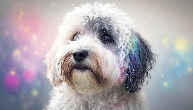Schnoodle Dog Medium Shot White Pink Blue Magical Fantasy Bokeh Generative AI