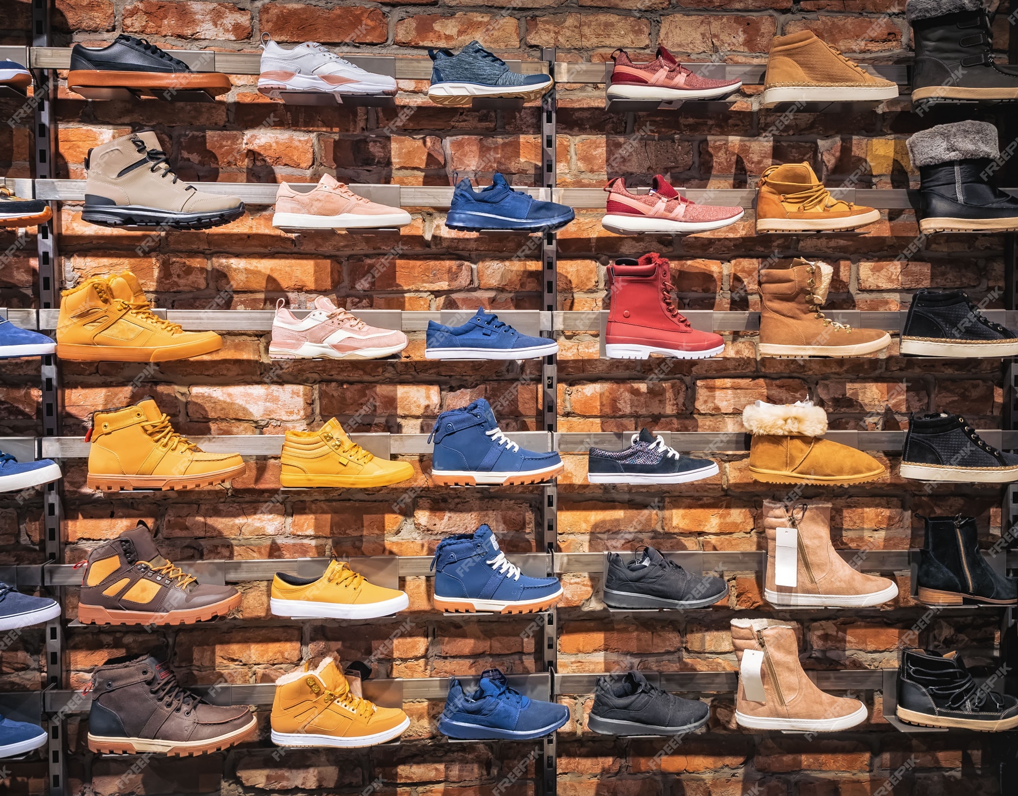 Zeep onwettig Waarschuwing Schoenen in de etalage. veel verschillende herenschoenen van de mannen en  van vrouwenschoenen, laarzen, plimsolls op de showcase in markt. | Premium  Foto