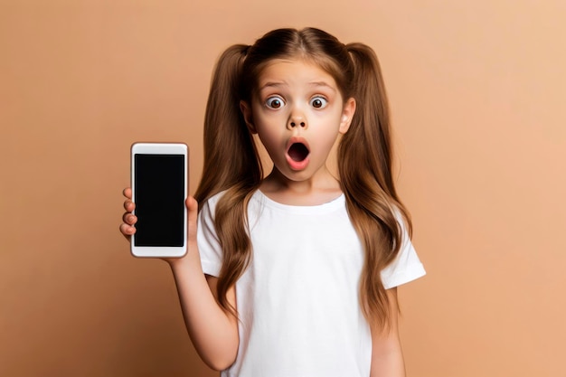 Schokkend schattig klein meisje met een smartphone met een wit mockup scherm ai generatief