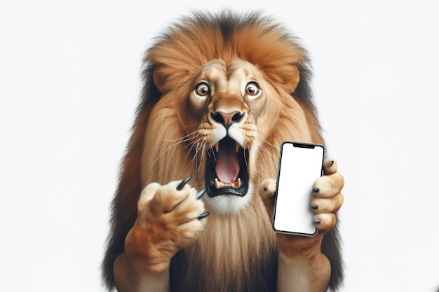 Schokte echte leeuw met een smartphone met een wit mockup scherm op een witte achtergrond