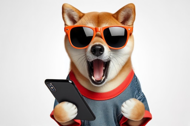 Schokte Shiba Inu hond met zonnebril met smartphone op witte achtergrond