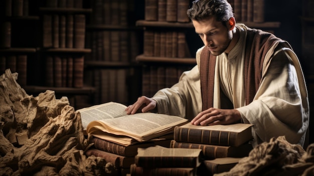 A scholar is reading a book in a library