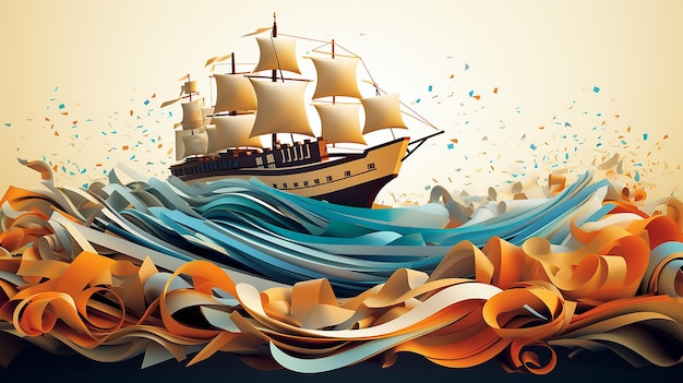 scholarship ship A paper art style of a ship sailing on a sea of diplomas