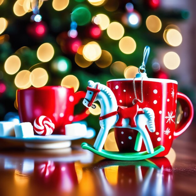 Schommelpaard speelgoed en rode beker met warme chocolade en marshmallow en snoep met kerstboom