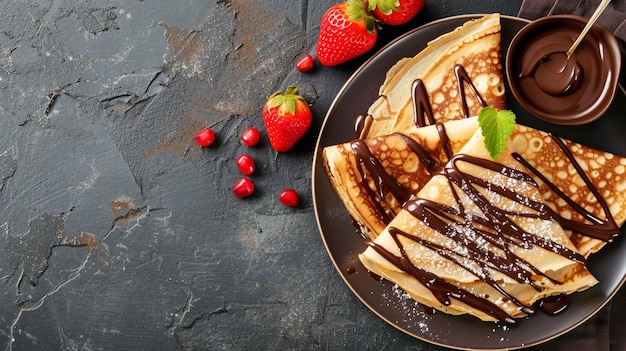 Foto schone achtergrond van de tafel lekker crêpes met chocoladepaste met kopieerruimte