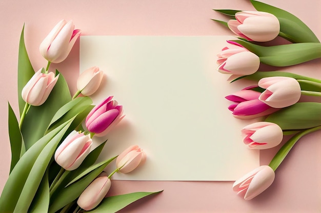 Schone blanco voor mockup op pastelroze achtergrond met tulpen Flat Lay-stijl