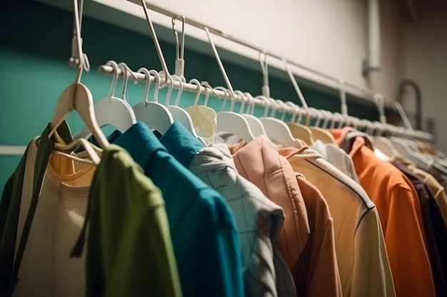 Schone kleren aan hangers in de wasruimte Neuraal netwerk AI gegenereerd