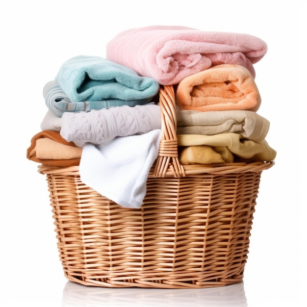 schone kleren en rieten mand met schoon wasgoed geïsoleerd op een witte achtergrond
