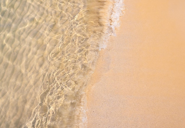 Schone lege strandachtergrond met ruimtebeweging van helder zeewater en golfbranding op zandstrand oceaan kust kustlijn Bovenaanzicht strand met kopie ruimte zomervakantie vakantie poster banner