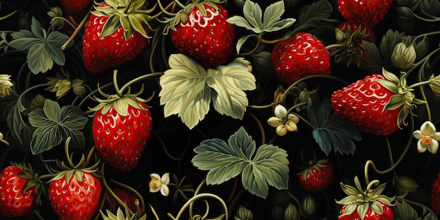 Schone naadloze herhalende patroon van aardbeien met bloemenversiering