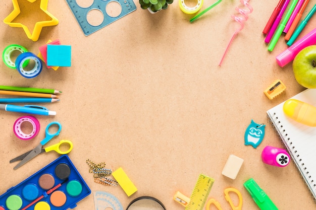 Photo school accessories on brown background