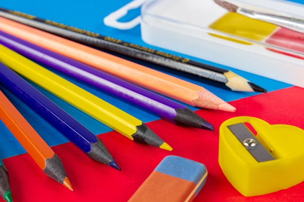 School accessories for painting. The concept of children's creativity and drawing.