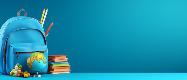 Photo school accessories with school bag on blue background