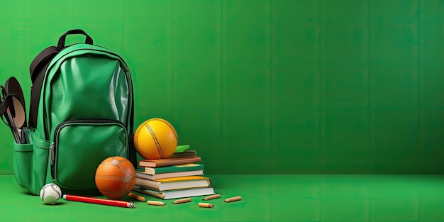 School accessories with school bag on green background