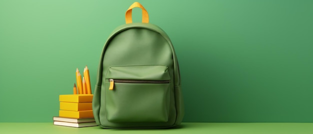 School accessories with school bag on green background