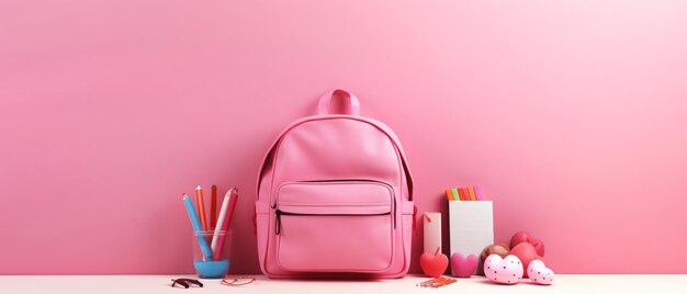 School accessories with school bag on pink background