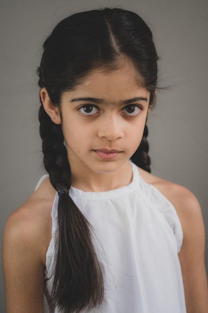 A school age girl of british indian origin displays different emotions on her face