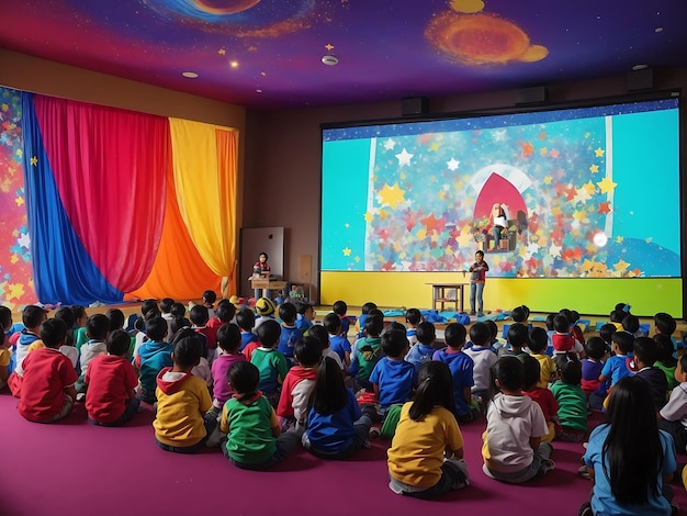 A school assembly filled with children sitting on the floor generated by AI