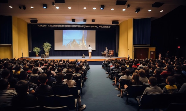 A school assembly students gathered in an auditorium listening attentively to a guest speaker