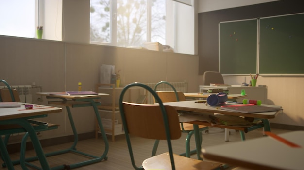 school auditorium with desks and chairs interior of classroom in elementary