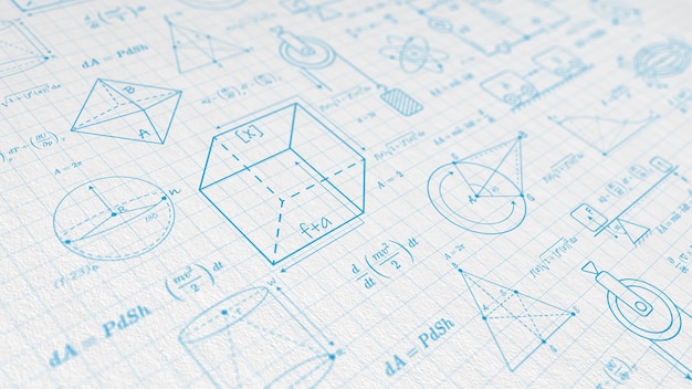 Photo school background in physics and mathematics formulas and drawings scientific research illustration