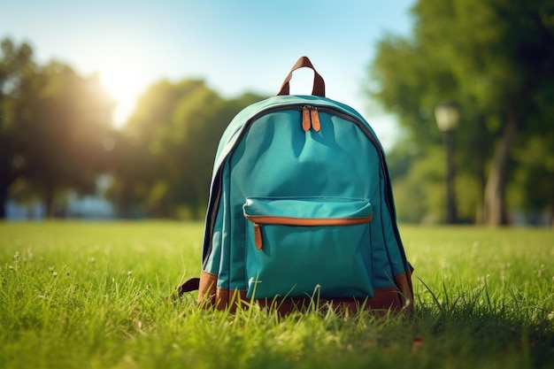 School backpack on grass