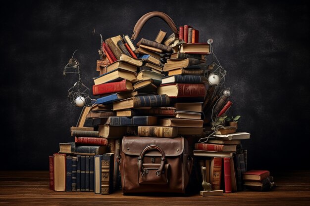 A school backpack overflowing with books