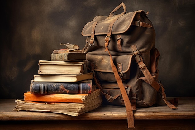 A school backpack overflowing with books